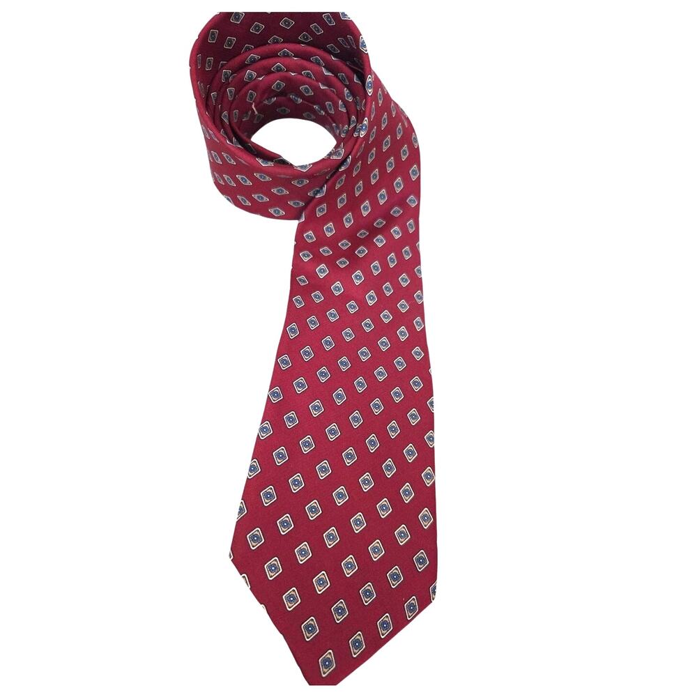 Tom James Mens Necktie Red Silk Tie Geometric Pattern Diamond